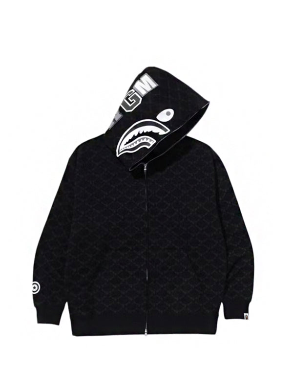 BAPE College Monogram Relaxed Fit Shark Full Zip Hoodie Black