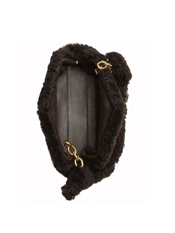 Bottega Veneta Small The Chain Pouch Shearling Bag Black/Gold