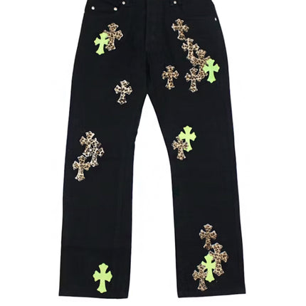 Chrome Hearts Green & Leopard Cross Patch Jeans Black