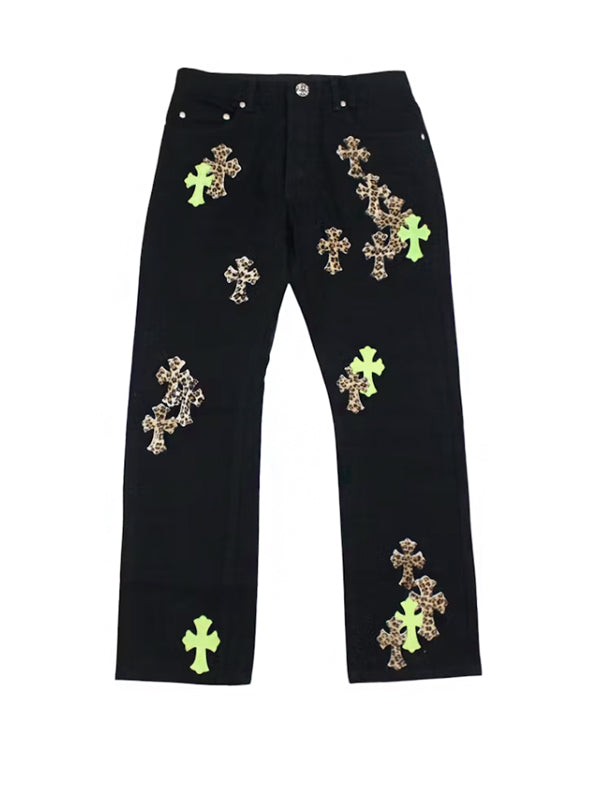 Chrome Hearts Green & Leopard Cross Patch Jeans Black
