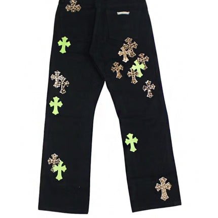Chrome Hearts Green & Leopard Cross Patch Jeans Black