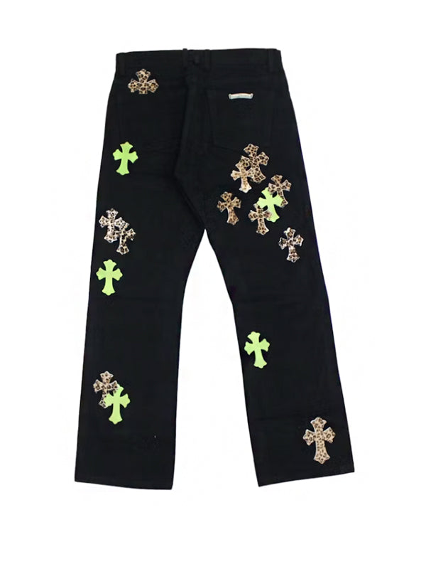 Chrome Hearts Green & Leopard Cross Patch Jeans Black