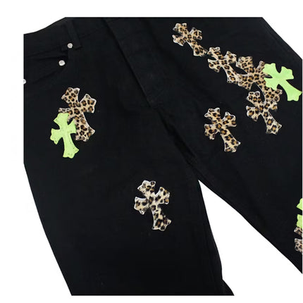 Chrome Hearts Green & Leopard Cross Patch Jeans Black