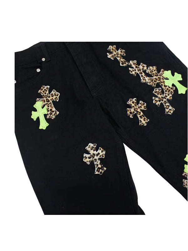 Chrome Hearts Green & Leopard Cross Patch Jeans Black