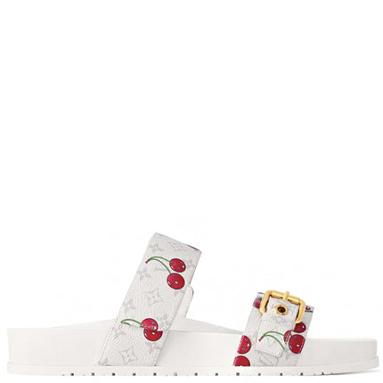 Louis Vuitton Cherry Bom Dia Flat Comfort Mule x Takashi Murakami White Monogram Cherry