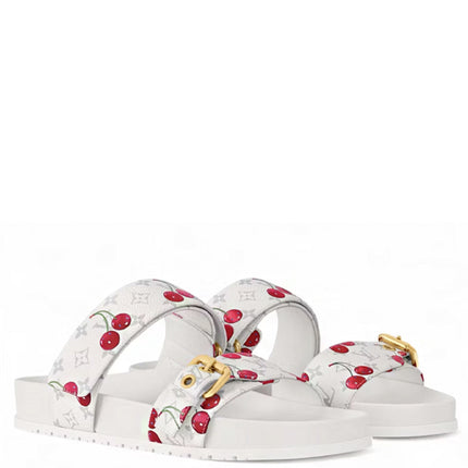 Louis Vuitton Cherry Bom Dia Flat Comfort Mule x Takashi Murakami White Monogram Cherry