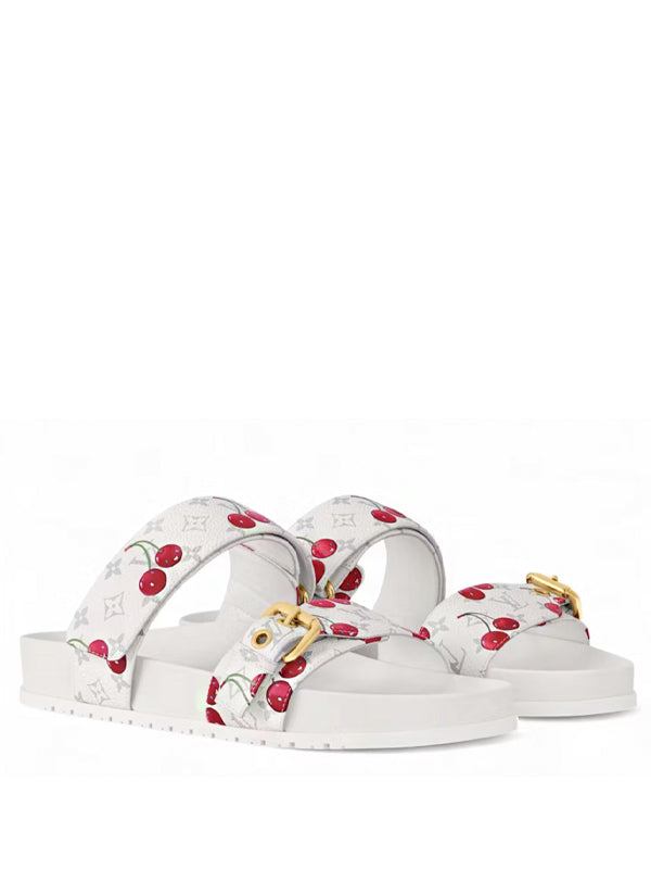 Louis Vuitton Cherry Bom Dia Flat Comfort Mule x Takashi Murakami White Monogram Cherry