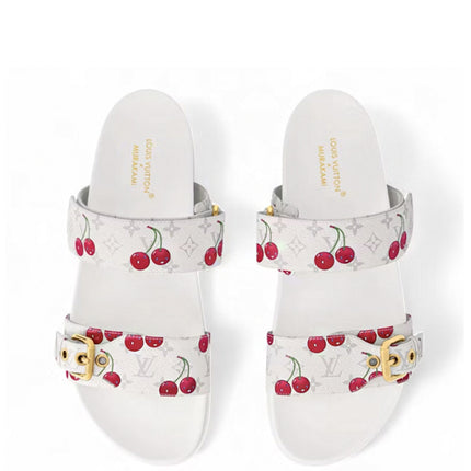 Louis Vuitton Cherry Bom Dia Flat Comfort Mule x Takashi Murakami White Monogram Cherry