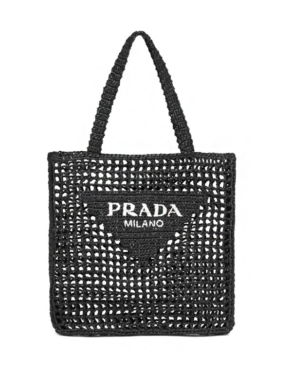 Prada Raffia Crochet Tote Bag Black