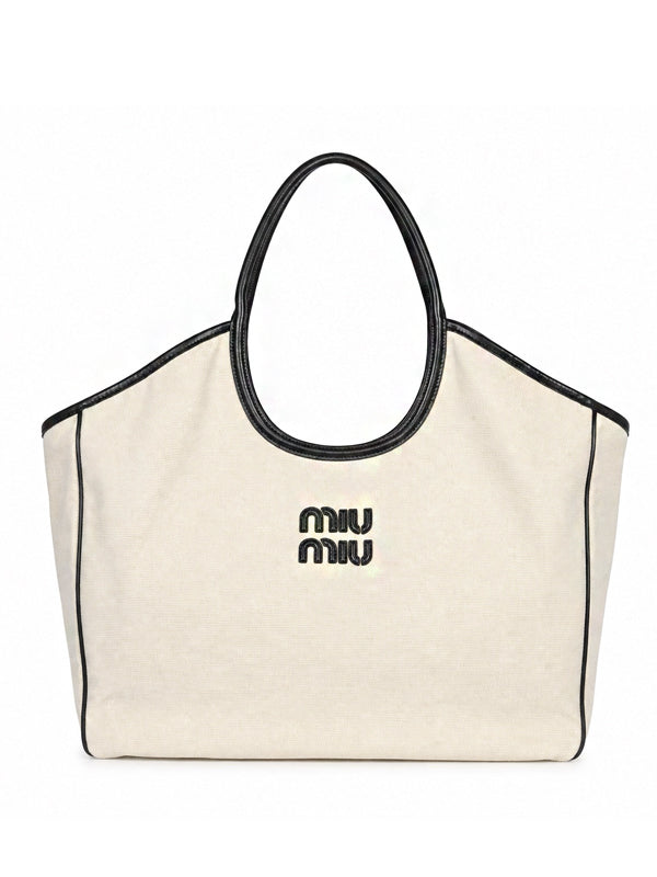 Miu Miu Canvas Tote Bag Natural Black