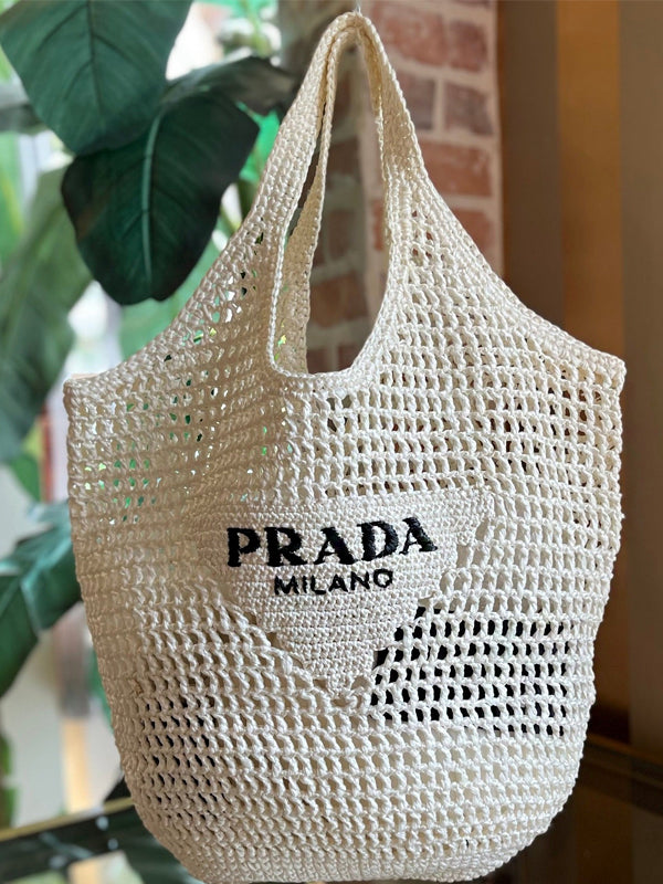 PRADA White Raffia Shopping Tote