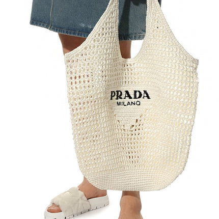 PRADA White Raffia Shopping Tote