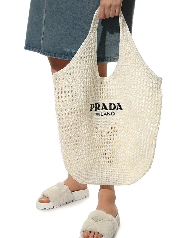 PRADA White Raffia Shopping Tote